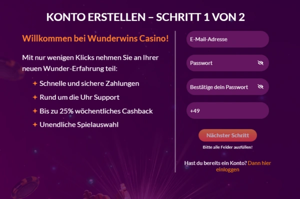 wunderwins signup page